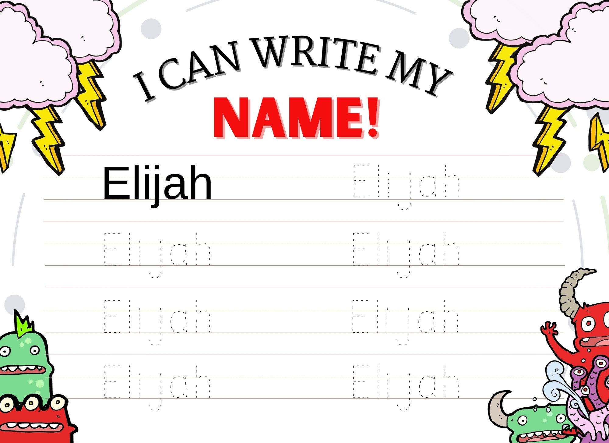 Elijah Printable Name Tracing Practice Sheet Monster Themed Etsy