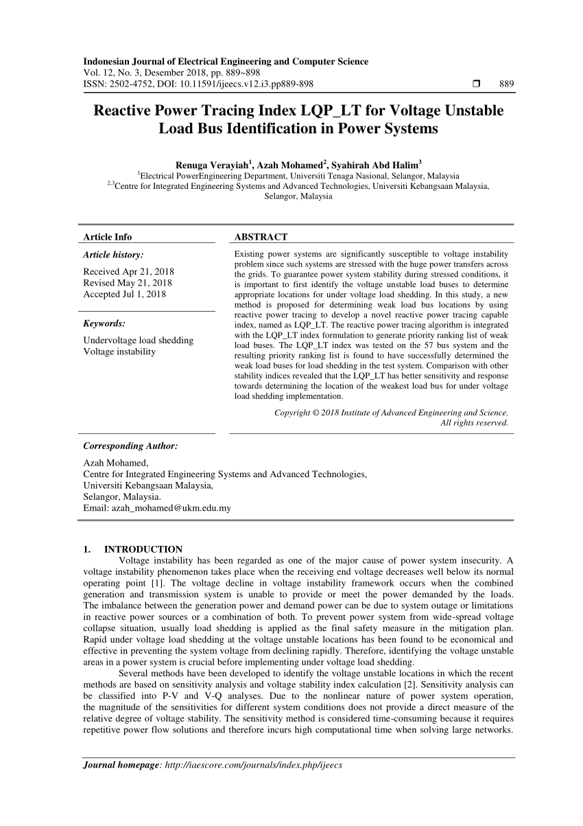 PDF Reactive Power Tracing Index LQP LT For Voltage Unstable Load Bus PDF Reactive Power Tracing Index LQP LT For Voltage Unstable Load Bus