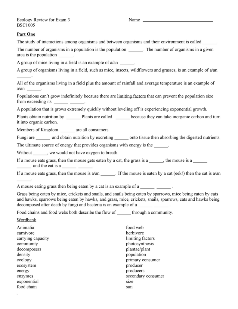 Ecology Review Wksht 2019 2 Ecology Review For Exam 3 Name BSC Part 