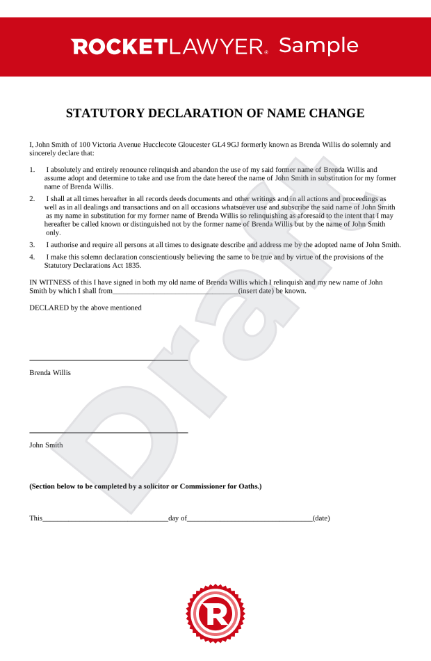 Statutory Declaration Of Name Change UK Template