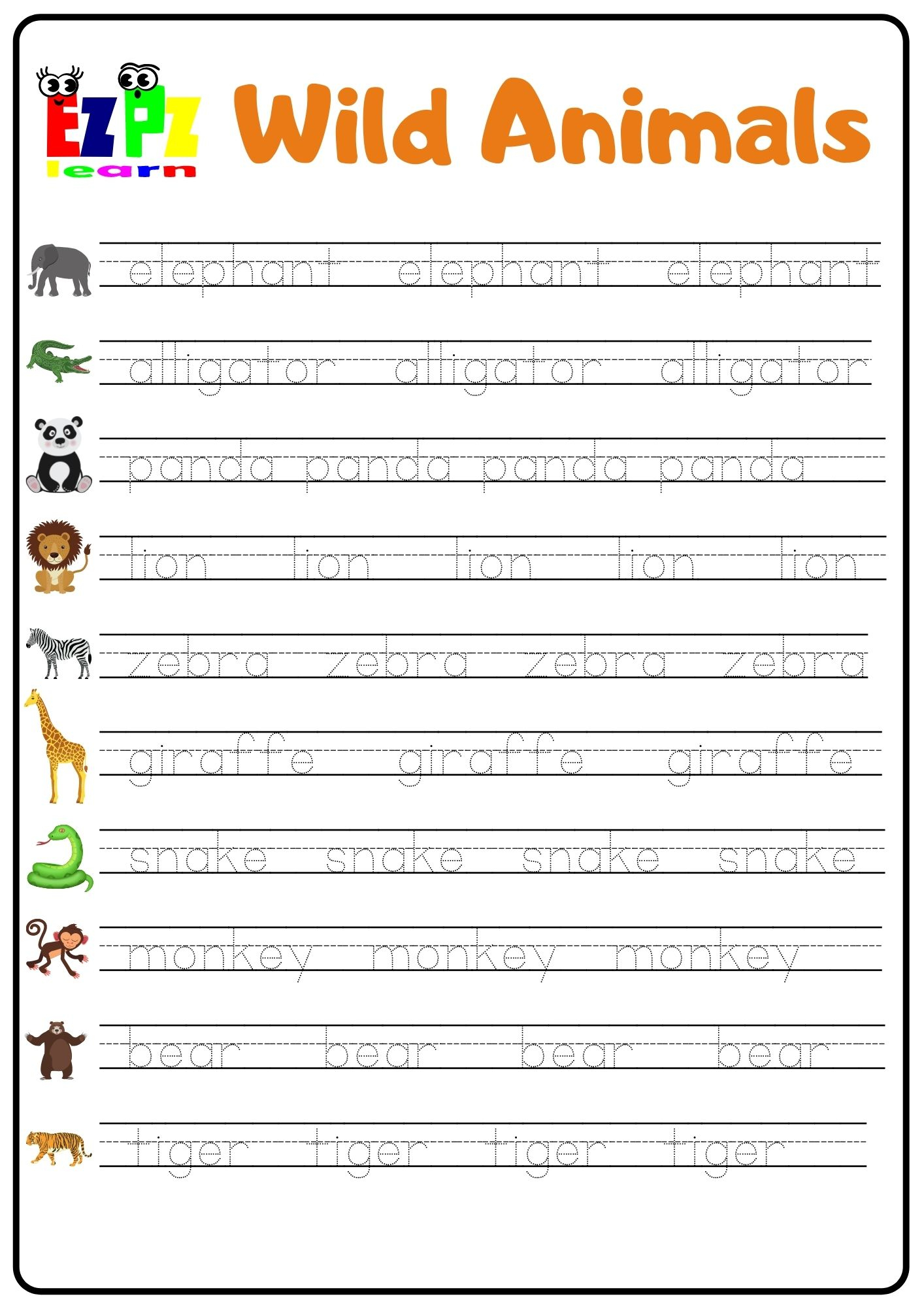 Tracing Animals Names Name Tracing Generator